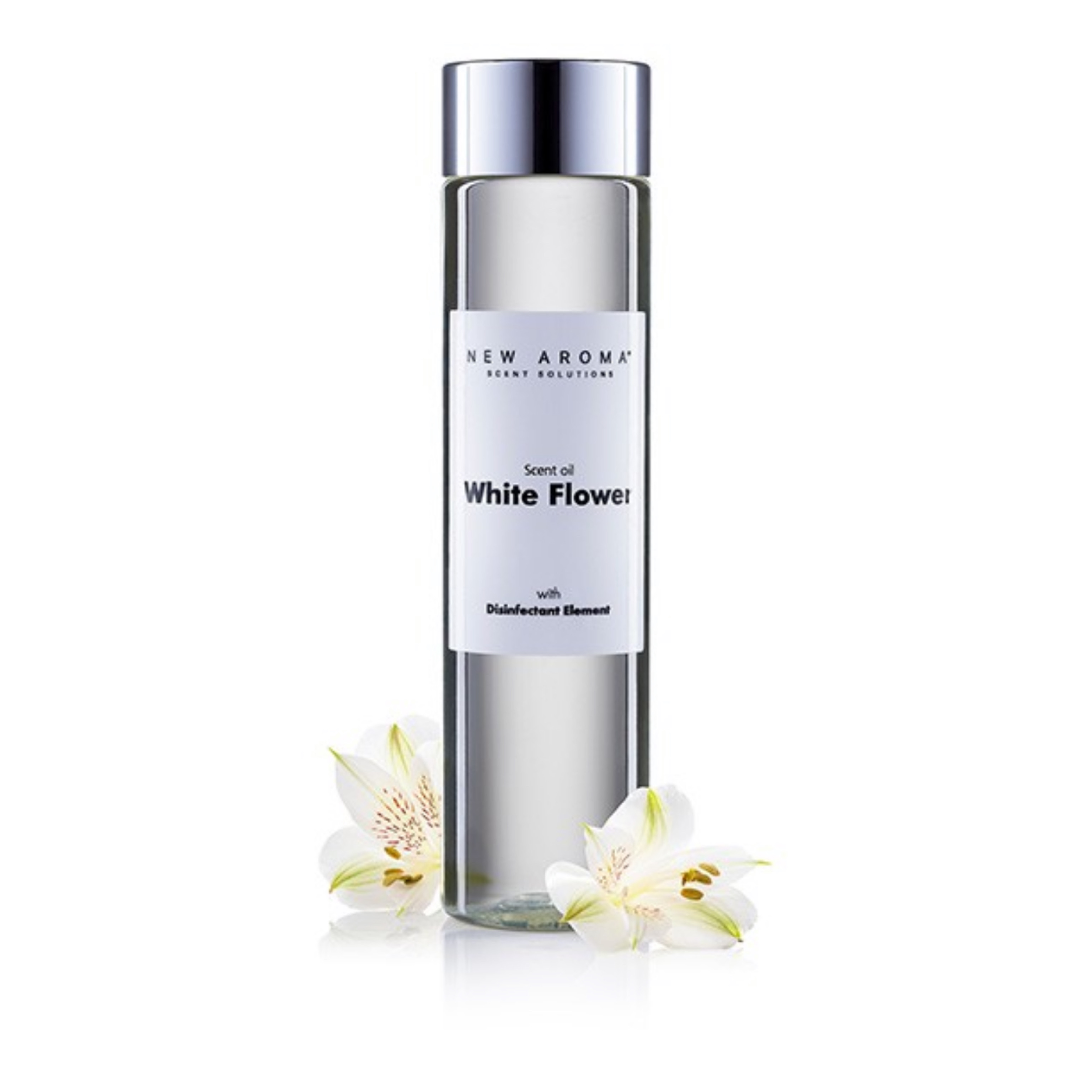 New Aroma difuzér Tower silver 100 m2 + 200 ml olej White Flower - dezinfekční aroma olej