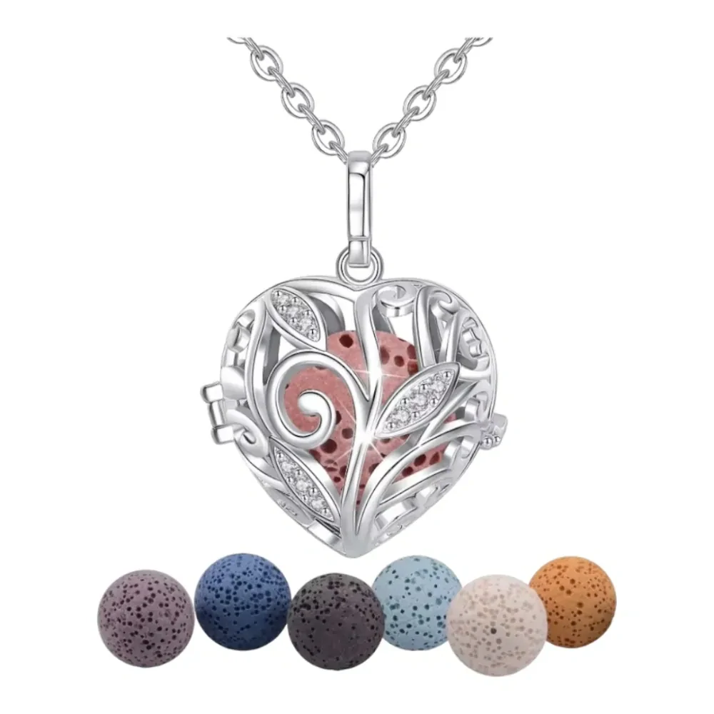 Aroma difúzní náhrdelník Srdce se zirkonovými listy lávové kameny
